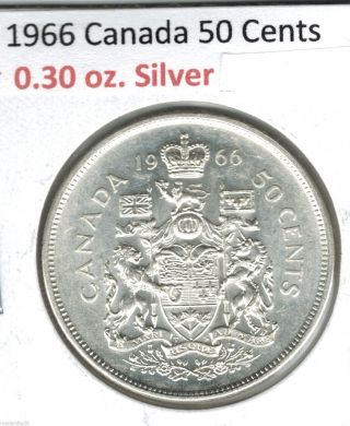 1966 Canada Queen Elizabeth Silver Half Dollar.  800 Fine Coat - Of - Arms Unc photo