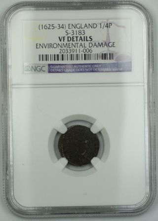1625 - 34 England 1/4 P Farthing Silver Coin S - 3183 Charles I Vf Dtls Env Dmg Akr photo