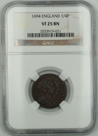 1694 England 1/4 Penny Farthing Copper Coin S - 3452 William Iii Vf - 25 Brown Akr photo