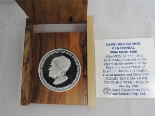 Israel 1986 David Ben - Gurion Centennial Of Birth Medal 26g Silver +coa +wood Box photo