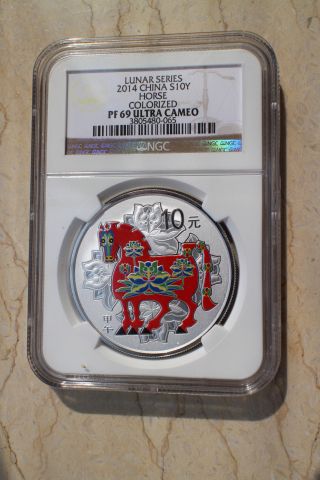 Ngc Pf 69 Ultra Cameo China 2014 Horse 1 Oz Colored Silver Coin photo