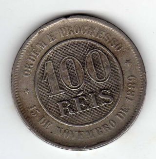 Brazil 100 Reis 1889,  Copper Nickel photo
