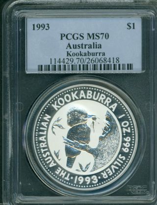 1993 $1 Australia Kookaburra 1 Oz.  Silver Bullion Coin Pcgs Ms70 photo