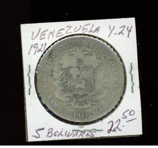1921 Venezuela 5 Bolivares Silver Coin Y 24 photo