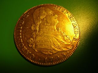 Spain 4 Escudos Gold Doubloon 1793.  Carolus Iiii.  M - Mf.  Vf++. photo