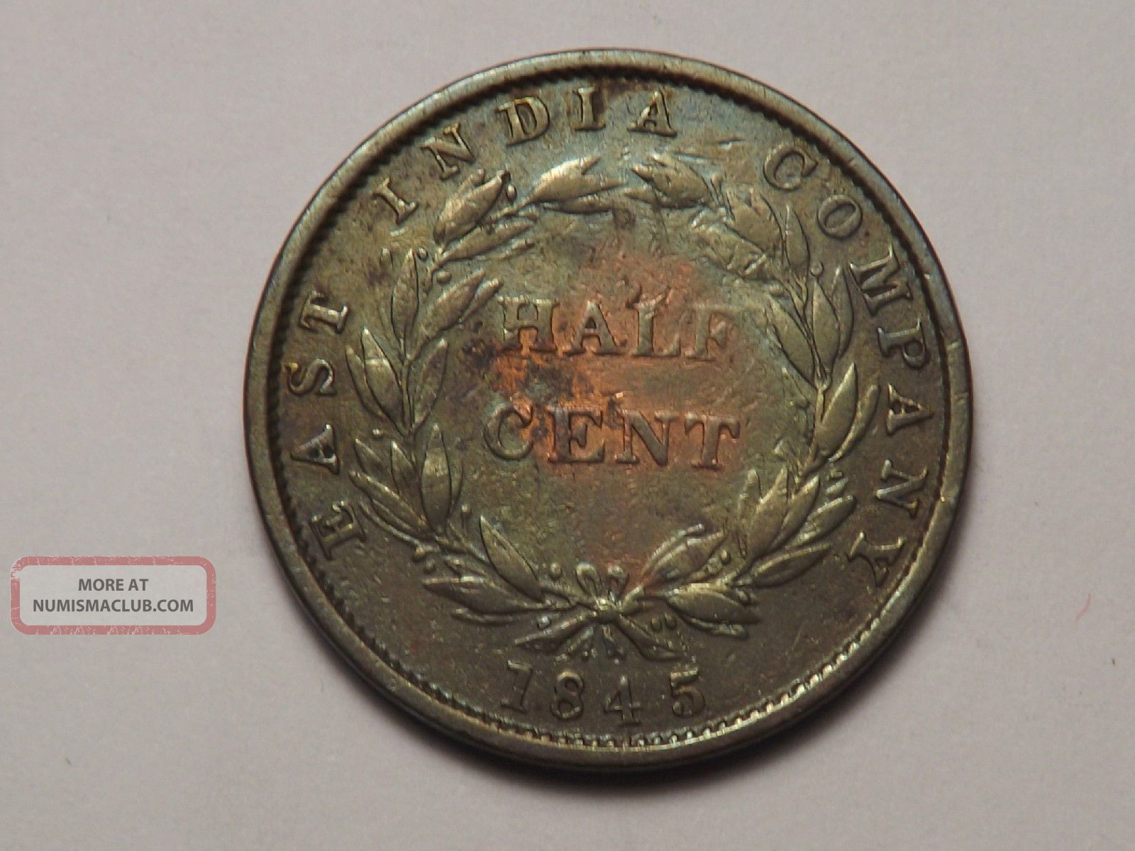 1845 Straits Settlements Half Cent Copper Coin Fine+ Cleaned Asia photo