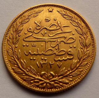Turkey - Ottoman Empire 100 Kurush 1327/4 (1912) 7.  2g 0.  2126 Oz 0.  917 Gold photo