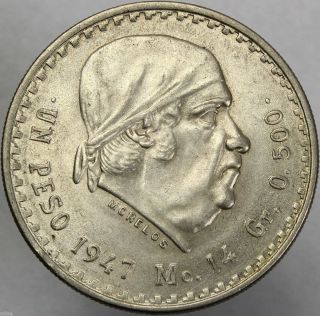1947 1 Peso Mexico Morelos Silver.  500 32mm 14g Km 456 - Unc 69756 photo