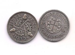 1932 & 1938 Great Britain Silver Threepence - - Detail photo