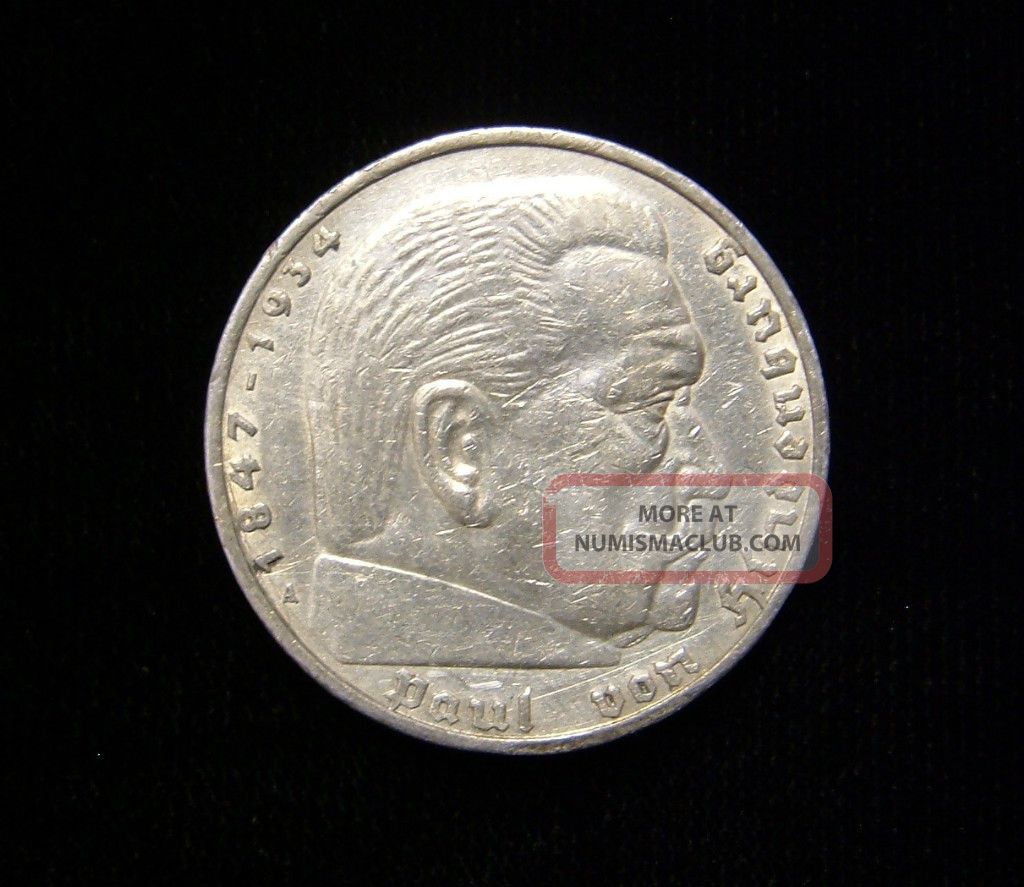 Germany 1936 A 5 Reichsmark Coin 900 Silver Hindenburg Issue