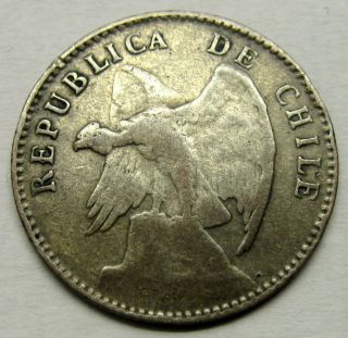 Chile 20 Centavos Silver Coin 1913 Km 151.  3 Defiant Condor On Rock photo