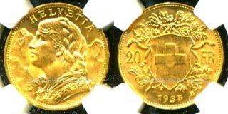 1935 B No L Switzerland Gold Coin 20 Francs Ngc Cert Ms 63 Opulent photo