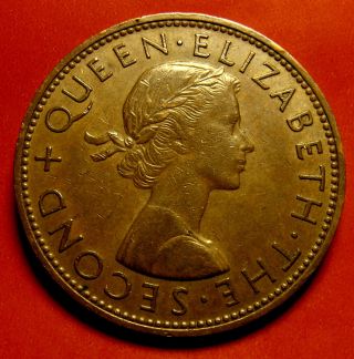 1957 Zealand Large Penny Of Elizabeth Ii Au Large Bronze photo