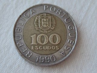 1990 Portugal 100 Escudos World Coin,  Bi - Metal,  Pedro Nunes,  Jose Candido photo