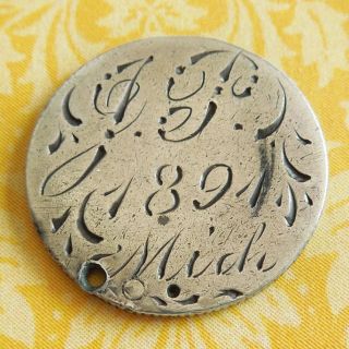 Victorian 1886 Hand - Engraved Jp 1891 Mich Love Token Seated Liberty Dime Charm photo