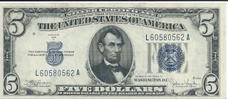 $5 Silver Certificate 1934c L - A Block Chau Blue Seal Non - Mule 562a photo