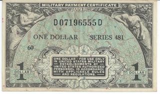 Series 481 Mpc Military Payment Certificate $1 Currency Note 1951 - 54 Rare 555d photo