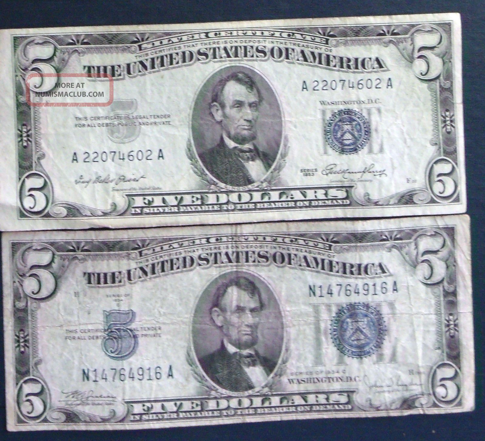 One 1953 $5 One 1934c $5 Blue Seal Silver Certificate (n14764916a)