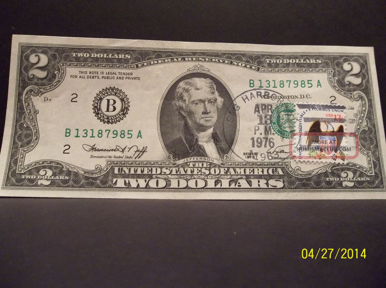 1976 Two Dollar Bill Unc Stamped First Day Issue April 13; Sag Harbor, Ny