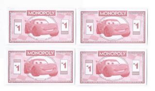 (4) 2011 Disney Cars Mini Bank Note Novelty Dollar Bills Play Money photo