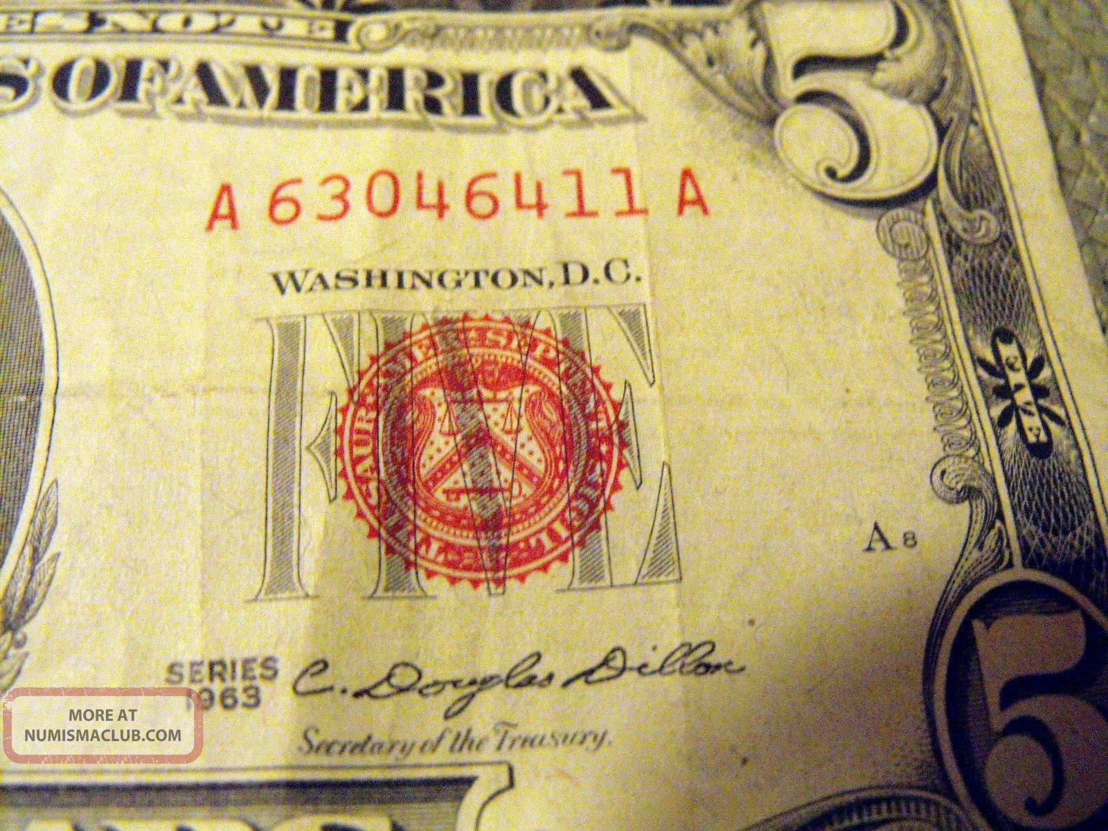 Rare Us Five Dollar Bill - 1963 - Red Ink