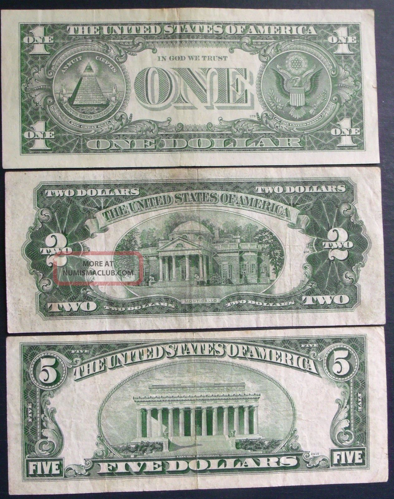 1957a $1 1953a $5 Silver Certificate   1953a $2 United States Note