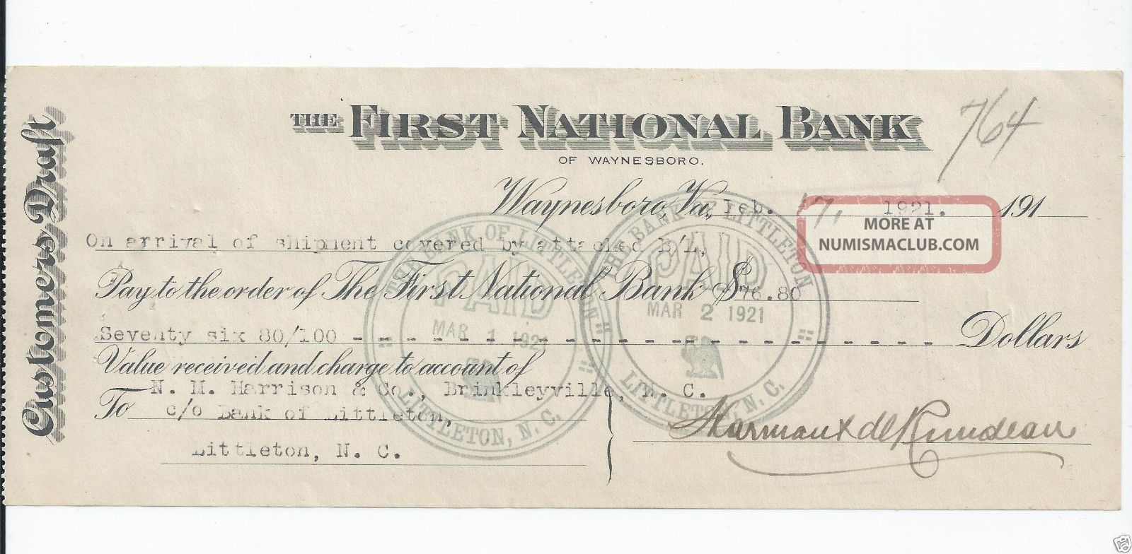 The First National Bank Of Waynesboro, Va February 17, 1921 $76. 80 Check