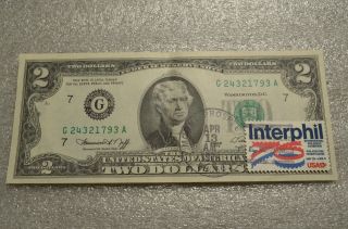 First Day Issue Green Seal Uncirc 2 Dollar Bill W Stamp Bi Centennial Mt Pros Il photo