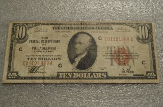 Vintage Series 1929 Ten Dollar Bill W/ Brown Seal Federal Reserve Bank Of Phila photo