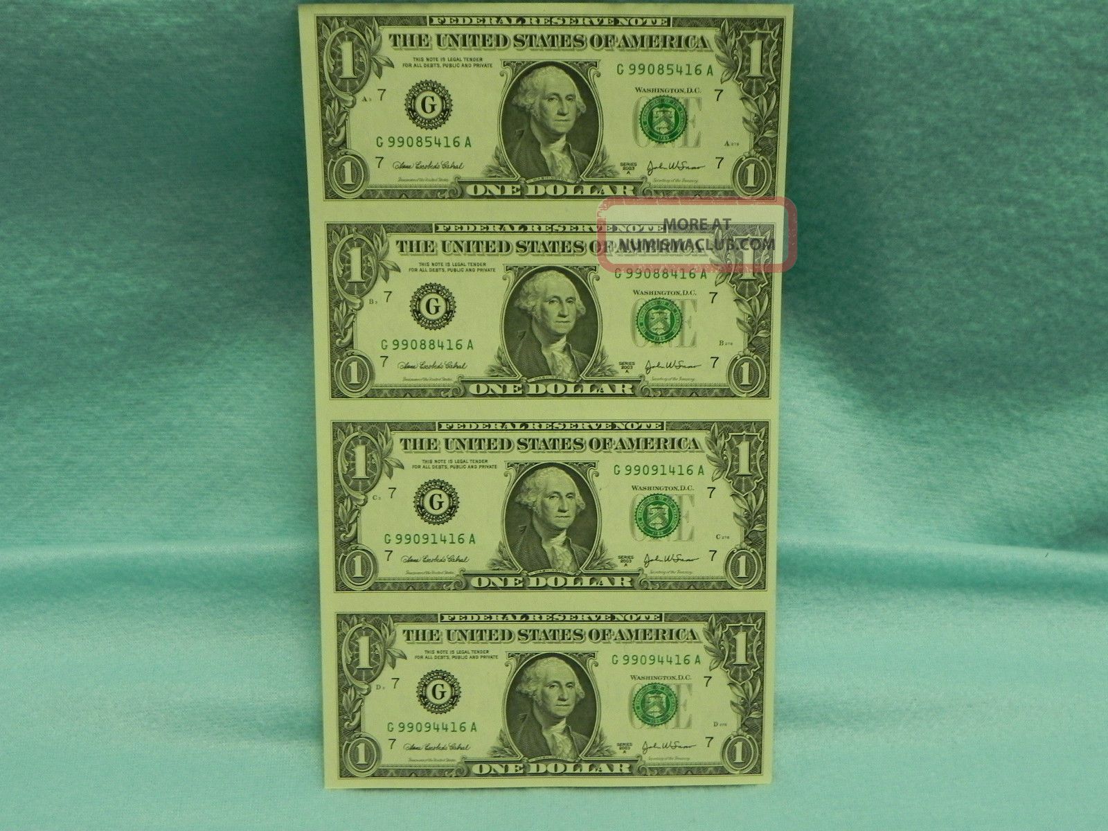 Crisp 4 Us One Dollar Bills In One Uncut Sheet