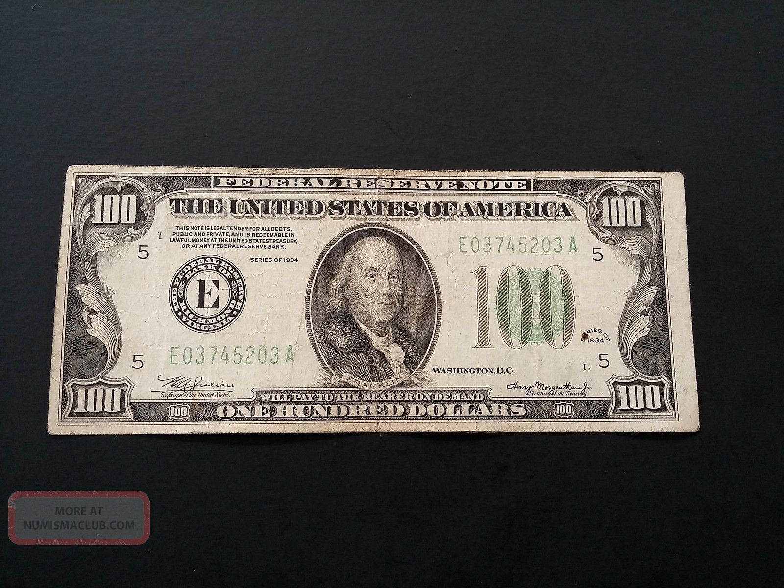 1934 Series Federal Reserve Note $100 One Hundred Dollar Bill Benjamin ...