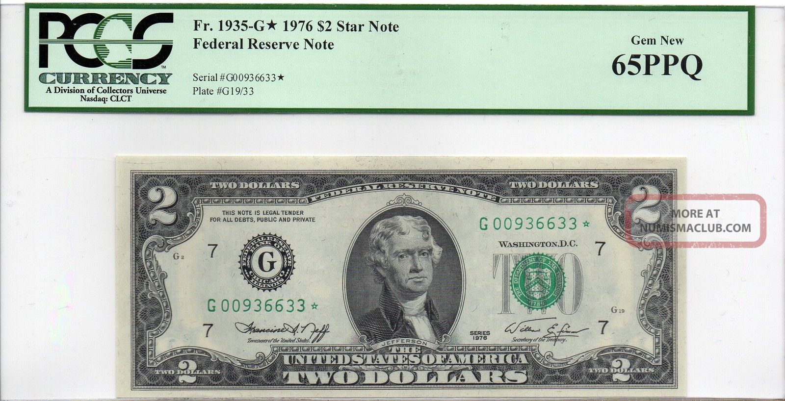 Federal Reserve $2 Series 1976 G Chicago Star Note Pcgs 65 Ppq Small Size Notes photo