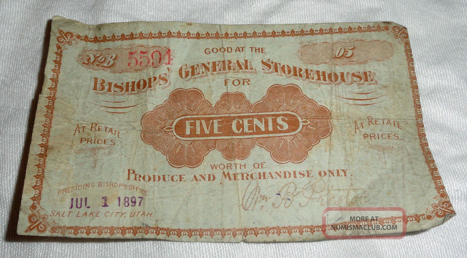 Dated 1897 Script Bishops General Storehouse Five Cents Worth Of Produce Paper Money: US photo