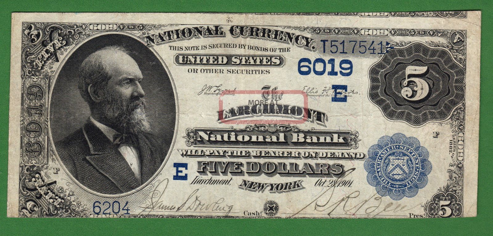 {larchmont} $5 82vb The Larchmont Nb Larchmont Ny Ch E6019 Vf Error Cut Paper Money: US photo