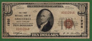 {greenville} $10 The First Nb Of Greenville Sc Ch 1935 photo