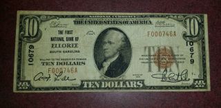 1929 Type 1 $10.  00 The First National Bank Of Elloree South Carolina photo