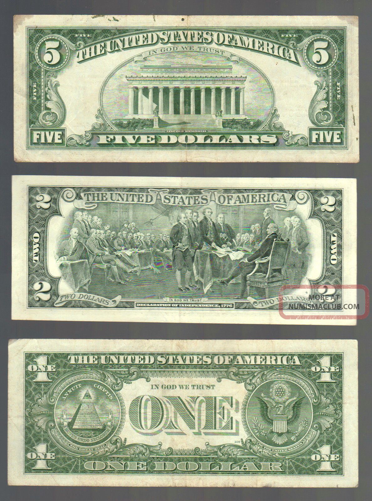 Old Money $1 Silver Blue Certificate $2 Green & $5 Dollar Red Seal Us ...