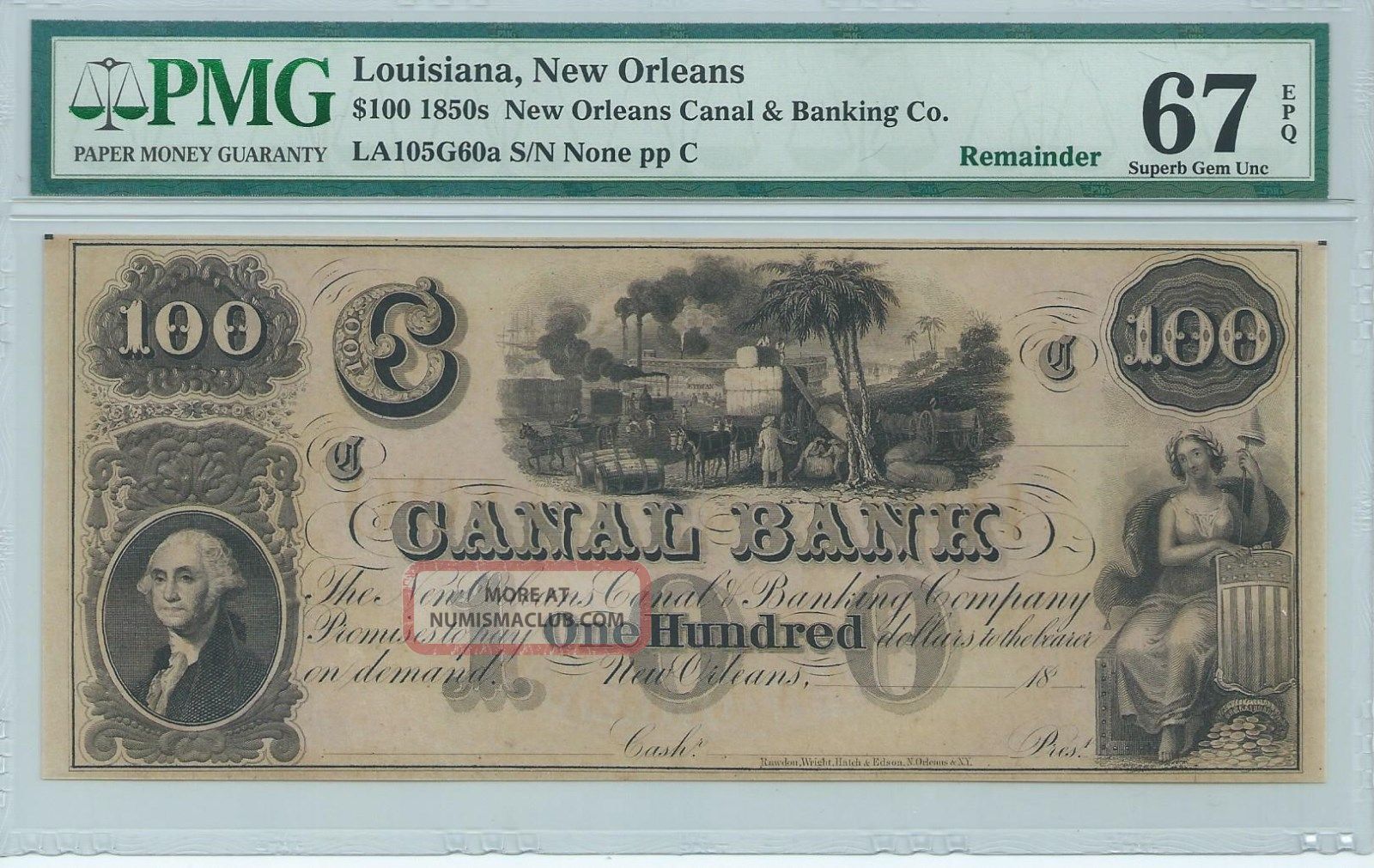 Louisiana Orleans Canal And Banking Co. $100 185x G60a Pmg 67 Epq