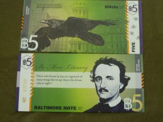 Bn5 Bnote Baltimore Local Regional Us Currency Low Sn 400 Poe Raven Md photo