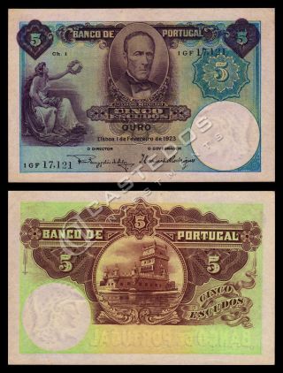 Portugal 5 Escudos,  Alexandre Herculano,  01 - 02 - 1923,  P114,  Unc - [very Rare] photo