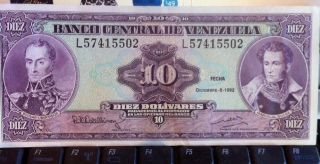 1992 Venezuela Ten Bolivares Banknote - Pastels - Crisp Au - Cu Note photo