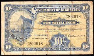 Gibraltar 10 Shillings Note 1937 P - 14a Fine photo