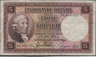 Iceland,  5 Kronur,  L.  15.  4.  1928 / 1940 ' S,  P 27b,  Prefix A,  Sign.  4,  Rare photo