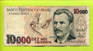 Brazil 10000 Cruzeiros Vf/f Banknote,  Paper Money Snake photo