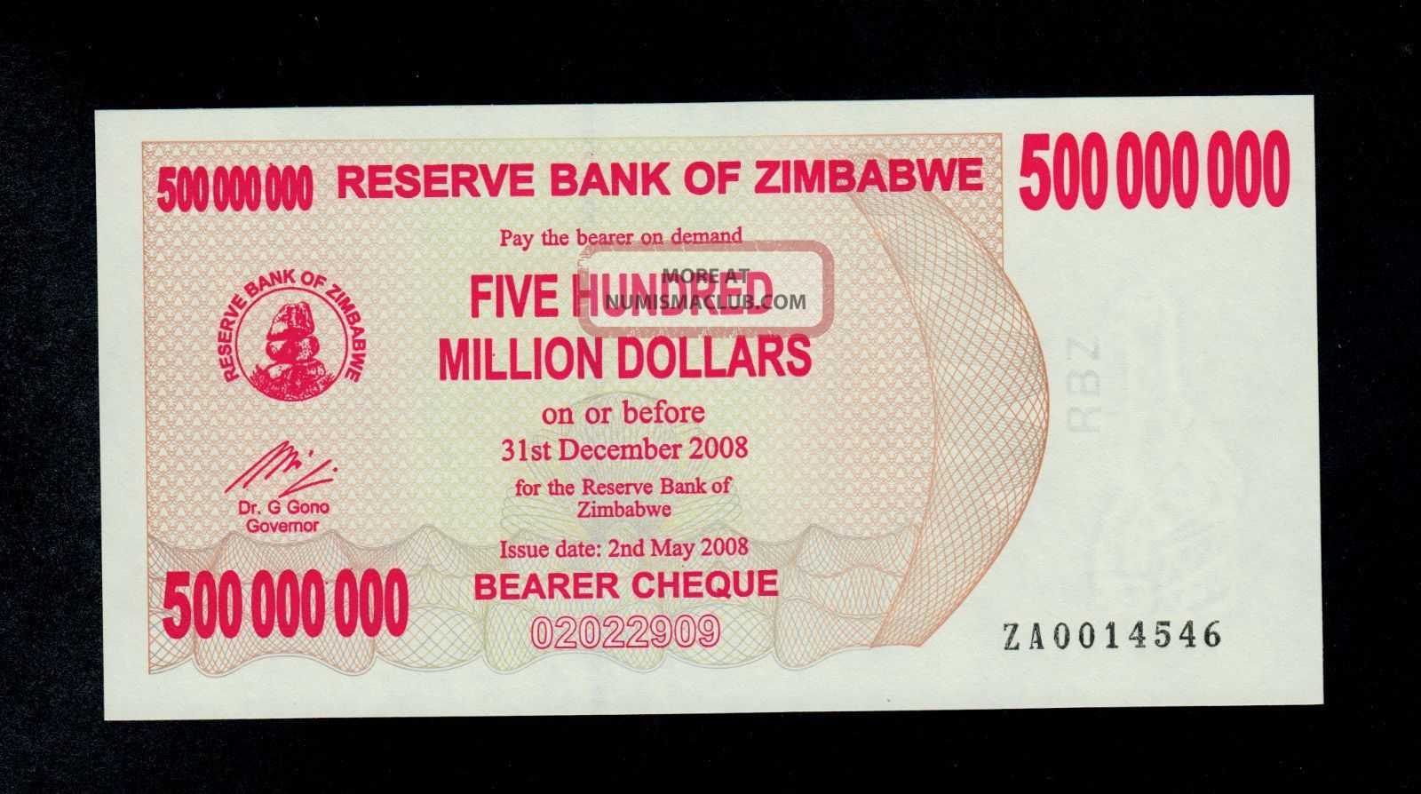 Zimbabwe Replacement Bearer Cheque 500 Million Dollars 2008 Za Pick 60 Unc Zimbabwe Replacement Bearer Cheque 500 Million Dollars 2008 Za Pick 60 Unc