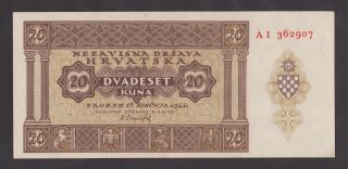 Croatia 20 Kuna 1944 Unc P9a World War Ii - Ustasa - Ndh Very Rare Banknote photo