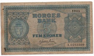 Norway 5 Kroner 1945 Pick 25 A Look Scans photo