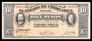 El Estado De Chihuahua 10 Pesos 2.  10.  1914,  M924x / Mi - Chi - 61.  5 Au+ photo