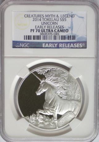 Ngc Registry 2014 Tokelau Proof Unicorn $5 Coin Pf70 Silver 1oz Germany Low photo