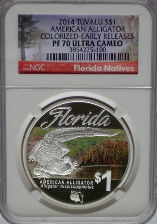 Ngc Registry Pf70 2014 Tuvalu Silver Alligator $1 Florida Perth Er Coin Gem photo